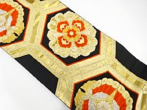 アンティーク　亀甲に華紋・向かい蝶模様織り出し袋帯（着用可）